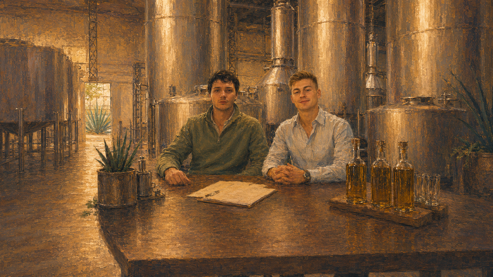 Sebastian Güth Maldonado and Felix Baitz seated together at the distillery