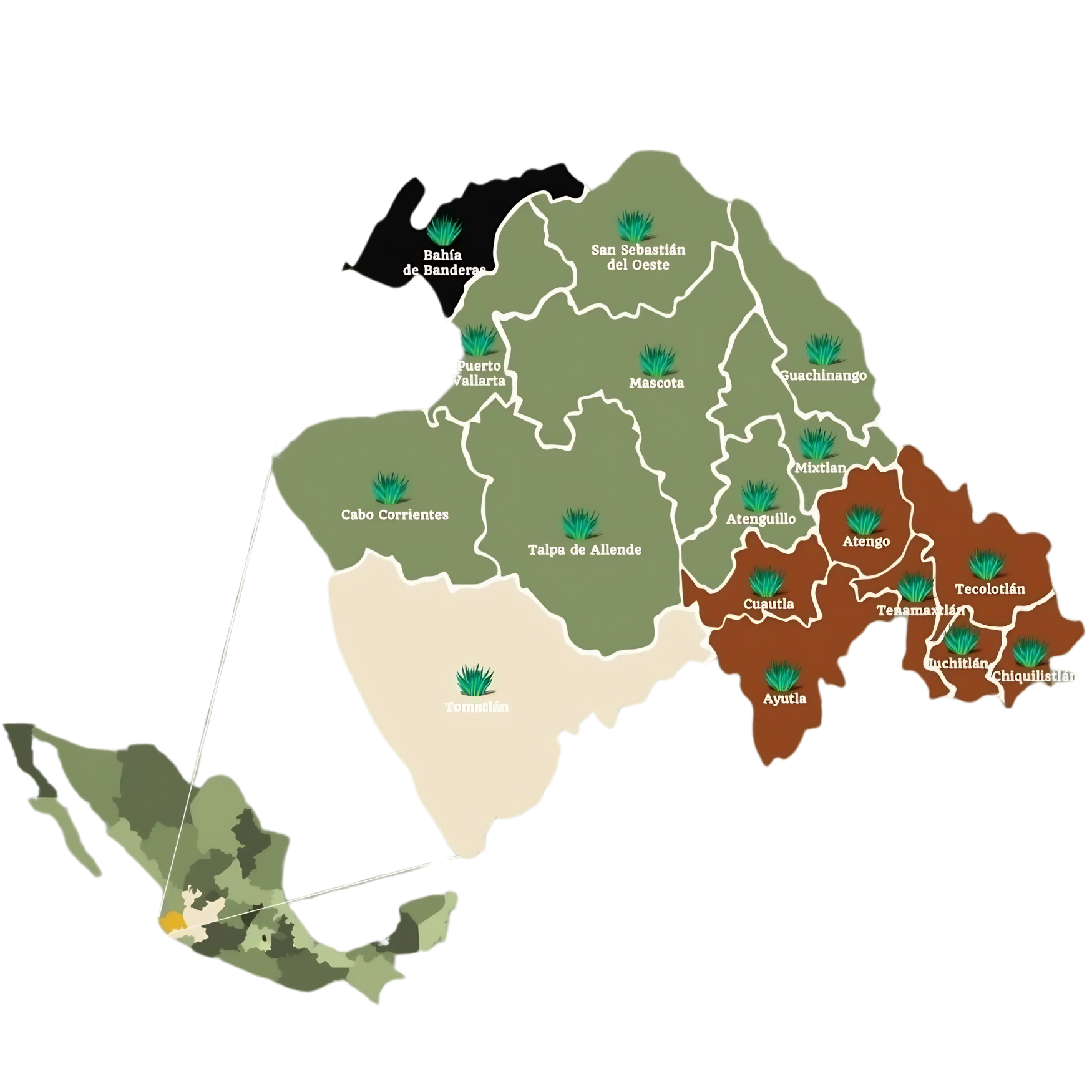 Map of Jalisco showing raicilla Denominación de Origen sub-regions